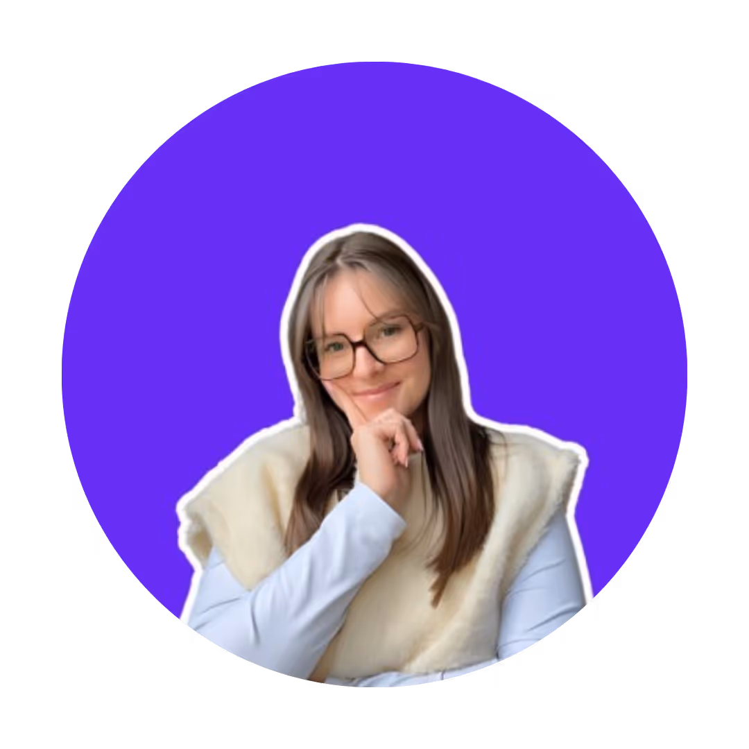 a profile picture of a young girl with bangs and glasse on a purple background 